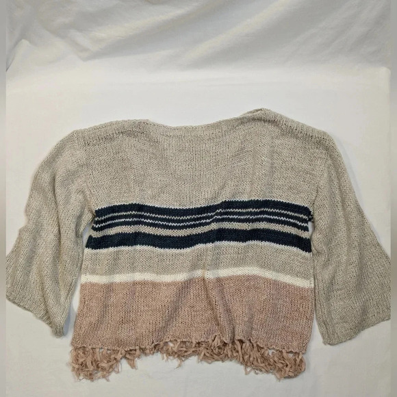 Altar'd State women's striped fringe knit sweater, tan pink navy cream size M - Picture 10 of 10